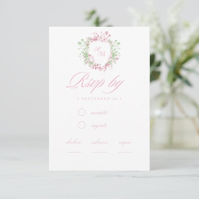  Delicate French Flora Crest Wedding RSVP Card (Standing Front)