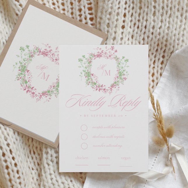  Delicate French Flora Crest Wedding RSVP Card (Creator Uploaded)