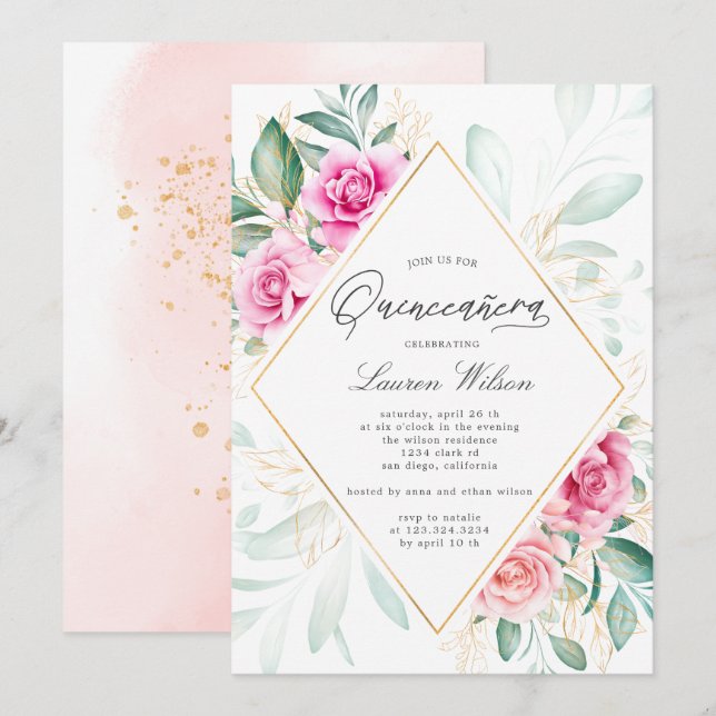 delicate garden floral pink roses Quinceanera Invitation (Front/Back)