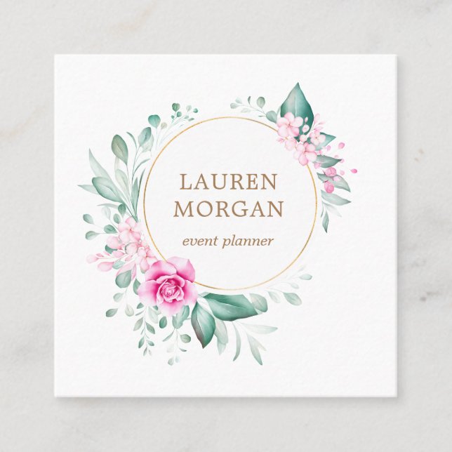 delicate garden floral pink roses square business card (Front)