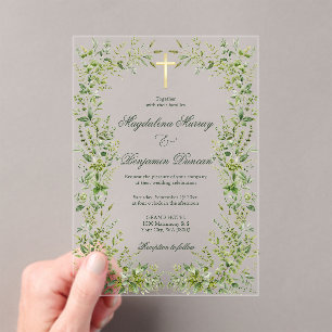 Delicate Garden Greenery Christian Cross Wedding Acrylic Invitations