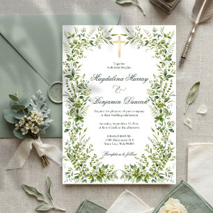 Delicate Garden Greenery Christian Cross Wedding Invitation
