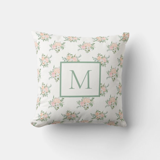 Delicate Girly Pink Floral Monogram Throw Pillow (Front)