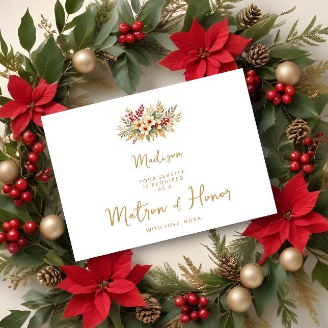 Delicate Glam Christmas Floral Matron Honour Gold (Delicate Glam Christmas Floral Bouquet in Faux Gold Matron of Honor Wedding Proposals Cards.)