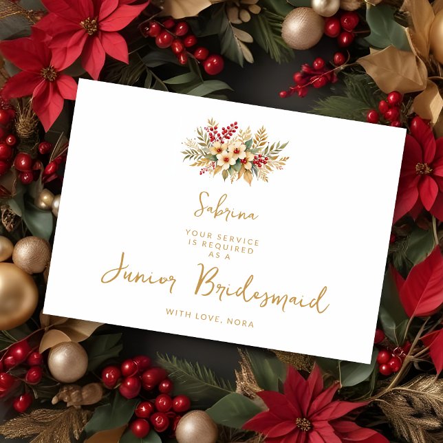 Delicate Glam Gold Christmas Floral Flower Girl (Elegant Junior Bridesmaid Proposal Cards with Delicate Glam Faux Gold Christmas Floral Bouquets. )