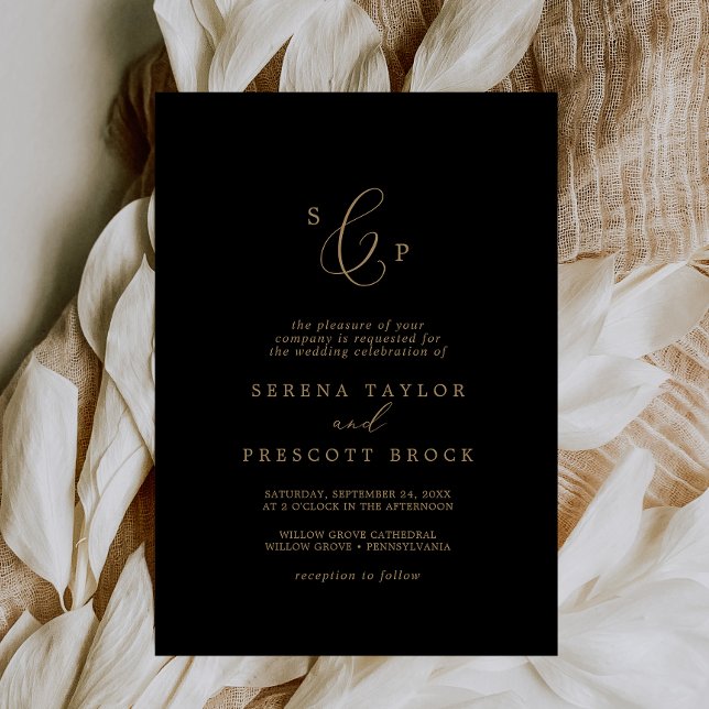 Delicate Gold and Black Formal Monogram Wedding Invitation (Creator Uploaded)