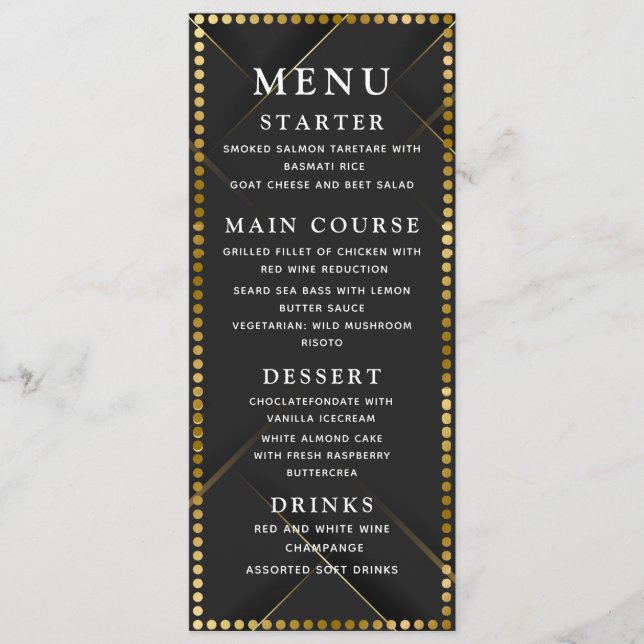 Delicate Gold and Black Wedding Dinner Menu (Front)