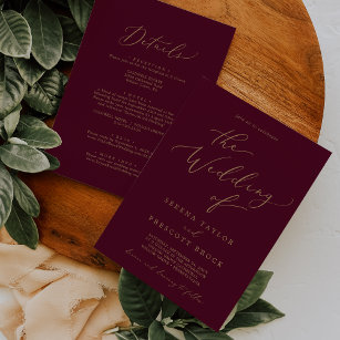 Delicate Gold and Burgundy All In One Wedding Invitation