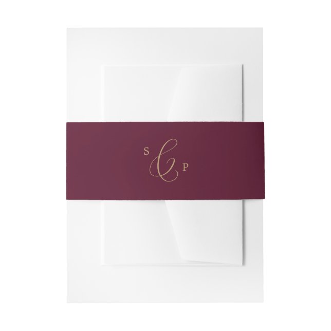 Delicate Gold and Burgundy Monogram Wedding Invitation Belly Band (Front Example)