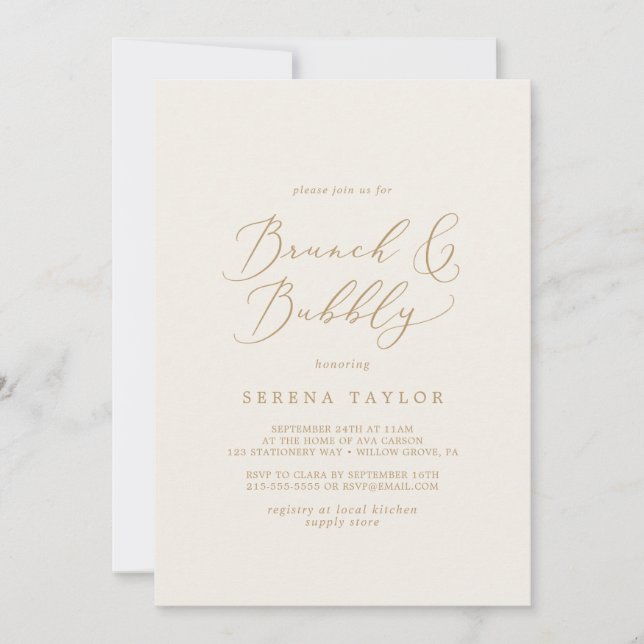 Delicate Gold and Cream Brunch and Bubbly Invitation (Front)