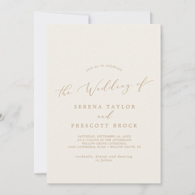 Delicate Gold and Cream Monogram Back Wedding Invitation (Front)