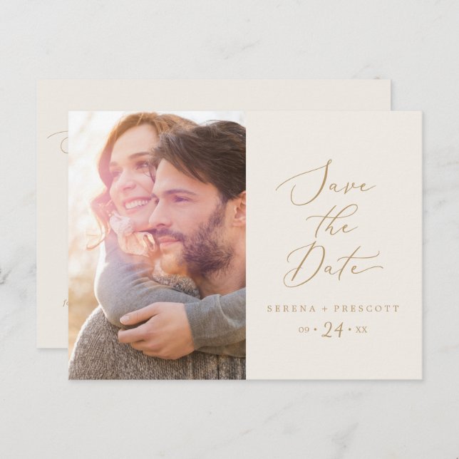 Delicate Gold and Cream Photo Save the Date Invitation Postcard (Front/Back)