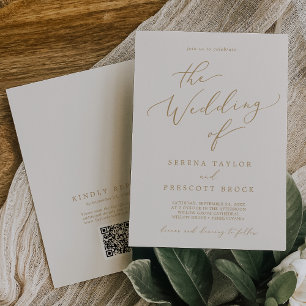 Delicate Gold and Cream QR Code Back Wedding Invitation
