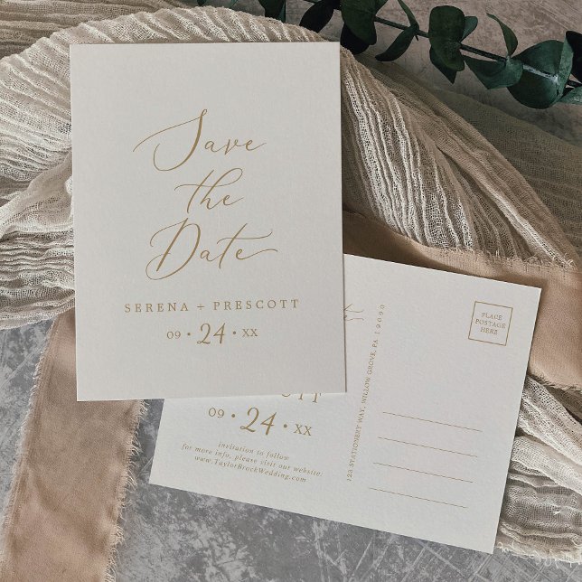 Delicate Gold and Cream Save the Date Invitation Postcard (Creator Uploaded)