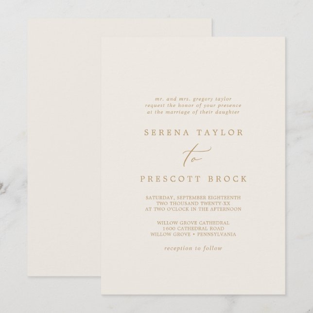 Delicate Gold and Cream Traditional Wedding Invitation (Front/Back)