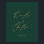Delicate Gold and Green Cards and Gifts Sign<br><div class="desc">This delicate gold and green cards and gifts sign is perfect for a modern wedding or bridal shower. The romantic minimalist design features lovely and elegant champagne golden yellow typography on an emerald green background with a clean and simple look. The line of text at the bottom of the sign...</div>