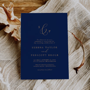 Delicate Gold and Navy Formal Monogram Wedding Invitation