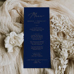 Delicate Gold and Navy Printed or Printable Menu Invitation<br><div class="desc">This delicate gold and navy printed or printable menu card is perfect for a modern wedding. The romantic minimalist design features lovely and elegant champagne golden yellow typography on a navy blue background with a clean and simple look. This menu can be used for a wedding reception, rehearsal dinner, or...</div>