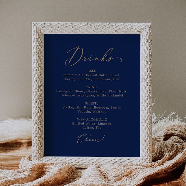 Delicate Gold and Navy Wedding Drink Menu Poster (Creator Uploaded)