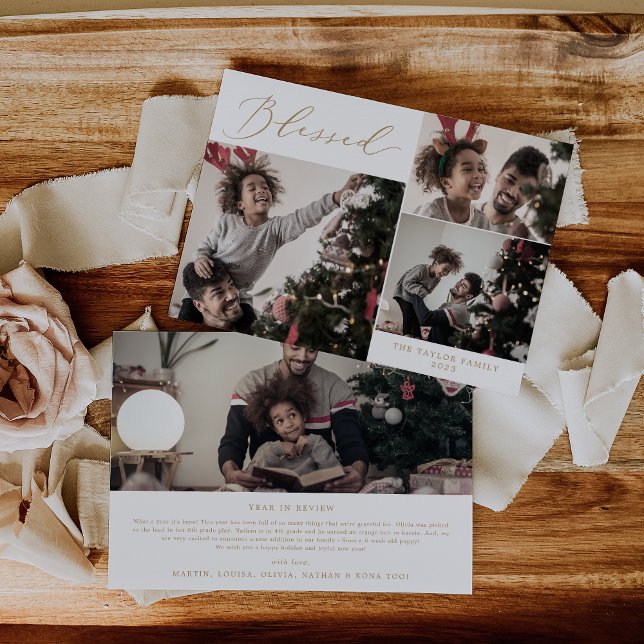 Delicate Gold Blessed 4 Photo Christmas Newsletter Holiday Card (Creator Uploaded)