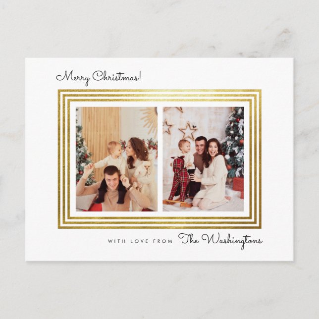 Delicate Gold Border | Christmas Family 2 Photo Postcard (Front)