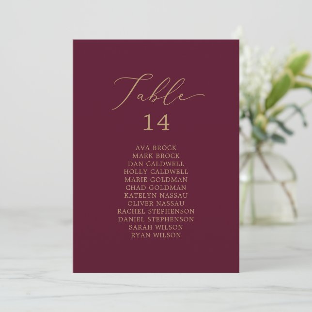 Delicate Gold Burgundy Table Seating Chart Card (Standing Front)