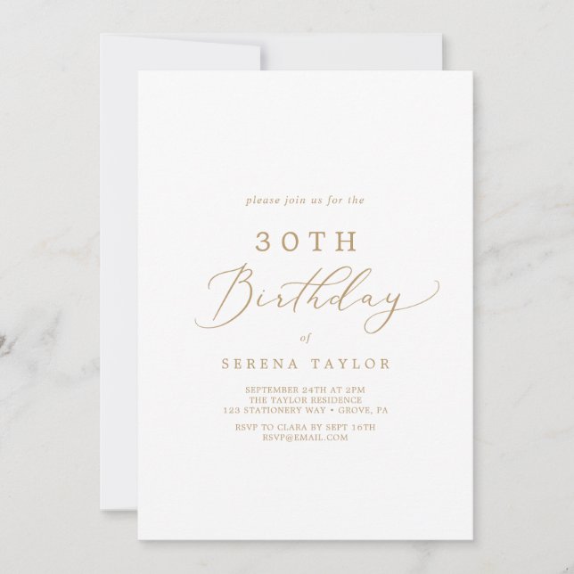 Delicate Gold Calligraphy 30th Birthday Invitation (Front)