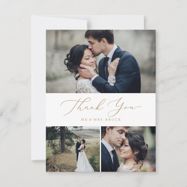 Delicate Gold Calligraphy 3 Photo Collage Thank You Card (Front)