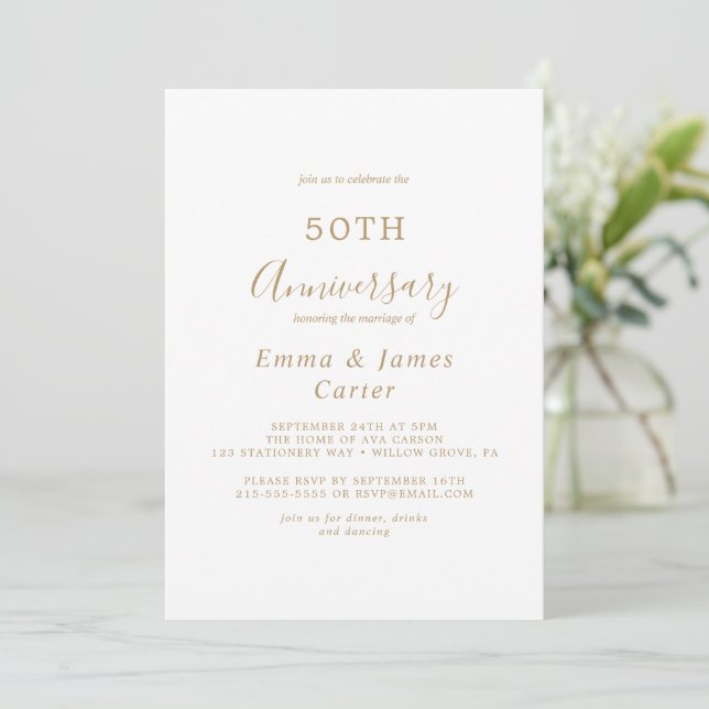 Delicate Gold Calligraphy 50th Wedding Anniversary Invitation (Standing Front)