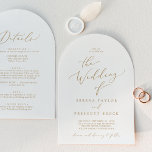 Delicate Gold Calligraphy Arch All In One Wedding Invitation<br><div class="desc">This delicate gold calligraphy arch all in one wedding invitation is perfect for a modern wedding. The romantic minimalist design features lovely and elegant champagne golden yellow typography on a white background with a clean and simple look. Save paper by including the details on the back of the wedding invitation...</div>