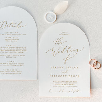 Delicate Gold Calligraphy Arch All In One Wedding Invitation