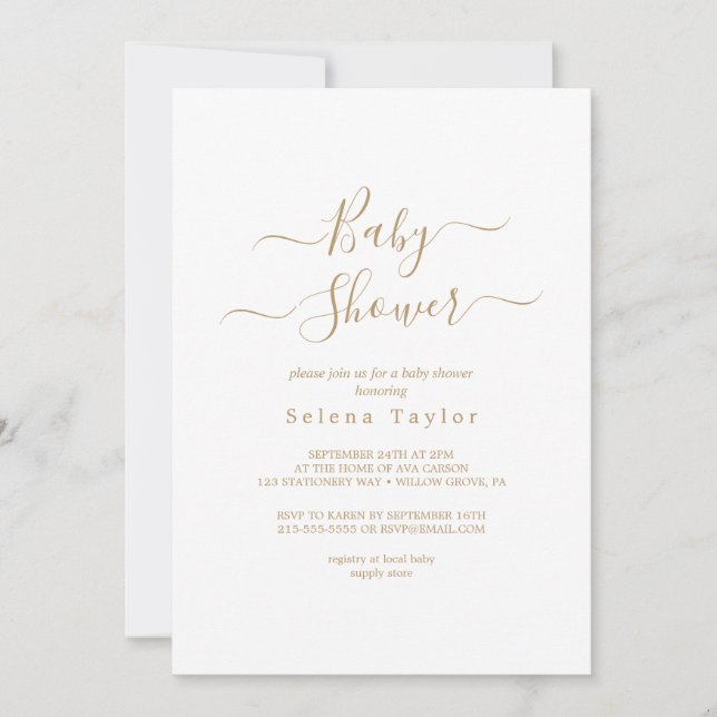 Delicate Gold Calligraphy Baby Shower Invitation (Front)
