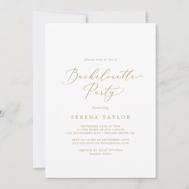 Delicate Gold Calligraphy Bachelorette Party Invitation (Front)