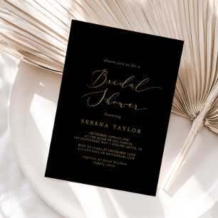 Delicate Gold Calligraphy Black Bridal Shower Invitation