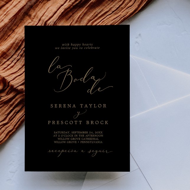 Delicate Gold Calligraphy Black La Boda De Wedding Invitation (Creator Uploaded)
