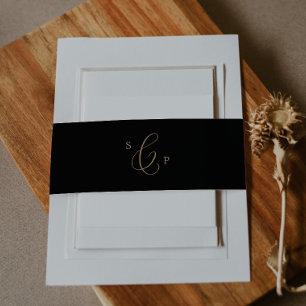 Delicate Gold Calligraphy   Black Monogram Wedding Invitation Belly Band