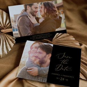 Delicate Gold Calligraphy   Black Photo Save The Date