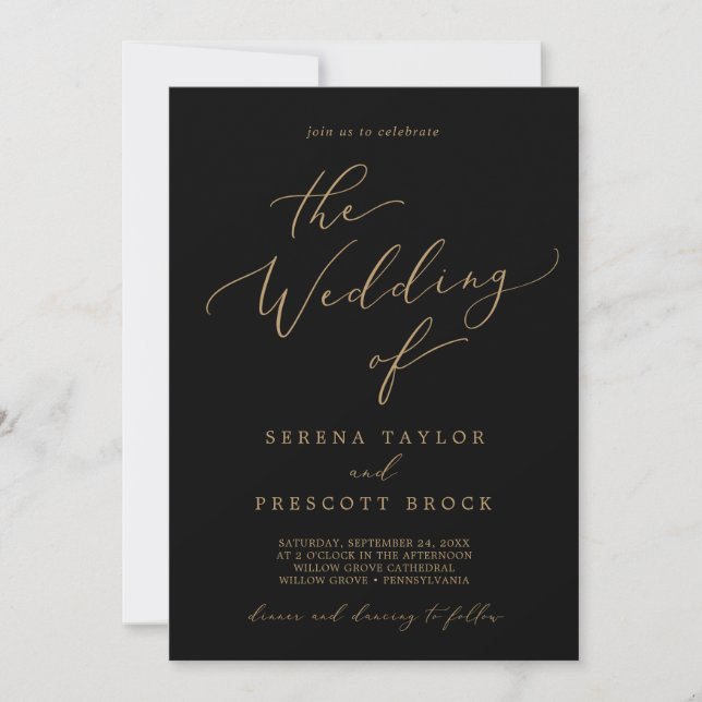 Delicate Gold Calligraphy | Black The Wedding Of Invitation (Front)