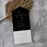 Delicate Gold Calligraphy | Black Wedding All In One Invitation<br><div class="desc">This delicate gold calligraphy black wedding all in one invitation is perfect for a modern wedding. The romantic minimalist design features lovely and elegant champagne golden yellow typography on a black background with a clean and simple look. Hand write your guest addresses on the back of the folded invitation, or...</div>