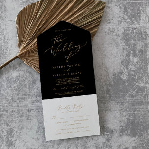 Delicate Gold Calligraphy Black Wedding All In One Invitation
