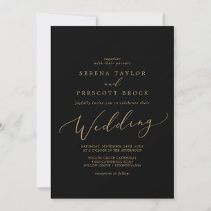 Delicate Gold Calligraphy   Black Wedding Invitation
