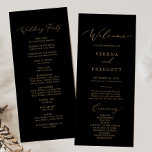 Delicate Gold Calligraphy | Black Wedding Programme<br><div class="desc">This delicate gold calligraphy black wedding party program is perfect for a modern wedding. The romantic minimalist design features lovely and elegant champagne golden yellow typography on a black background with a clean and simple look. Include the name of the bride and groom, the wedding date and location, thank you...</div>