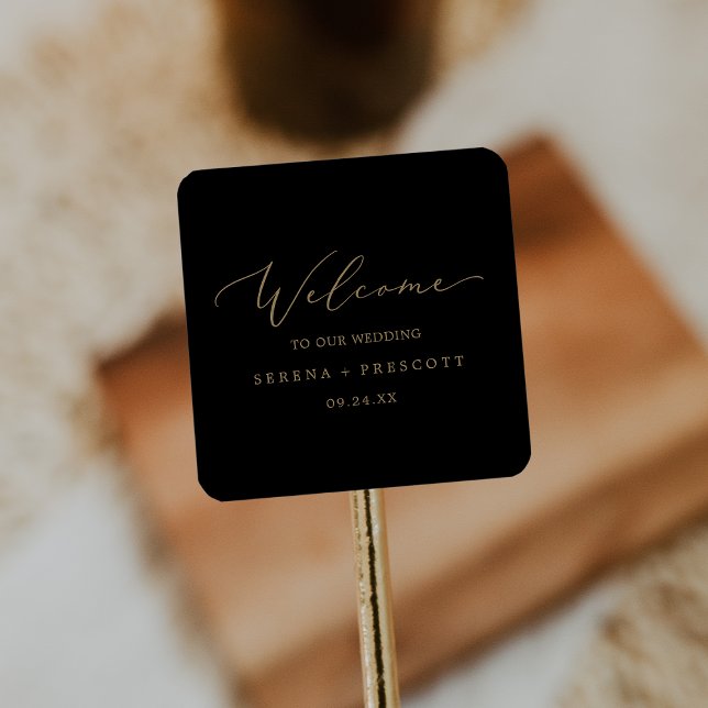 Delicate Gold Calligraphy | Black Wedding Welcome Square Sticker (Creator Uploaded)