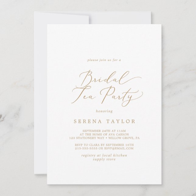 Delicate Gold Calligraphy Bridal Tea Party Invitation (Front)
