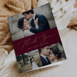 Delicate Gold Calligraphy Burgundy 3 Photo Collage Thank You Card<br><div class="desc">This delicate gold calligraphy burgundy 3 photo collage thank you card is perfect for a modern wedding. The romantic minimalist design features lovely and elegant champagne golden yellow typography on a burgundy red background with a clean and simple look. Personalise the inside of the card with your names, and a...</div>