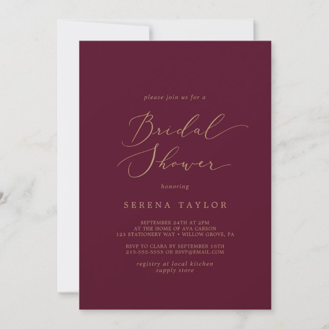 Delicate Gold Calligraphy | Burgundy Bridal Shower Invitation (Front)