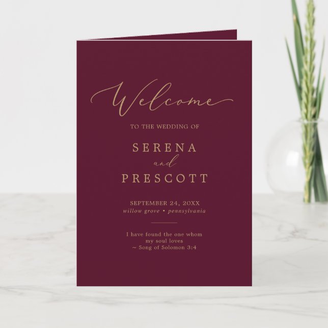 Delicate Gold Calligraphy Burgundy Folded Wedding Programme (Front)