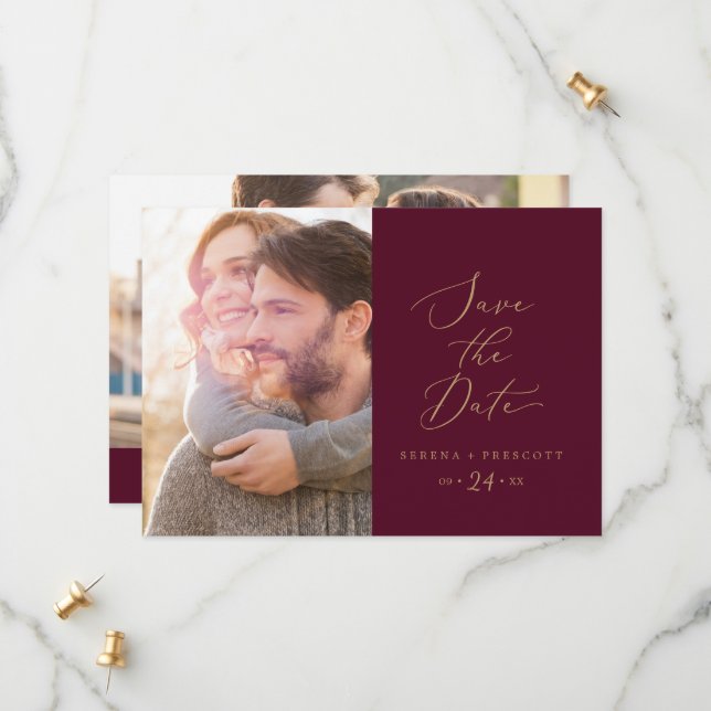 Delicate Gold Calligraphy | Burgundy Photo Save The Date (Front/Back In Situ)