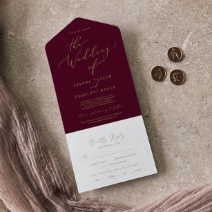 Delicate Gold Calligraphy   Burgundy Wedding All In One Invitation