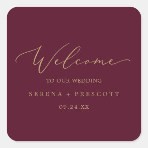 Delicate Gold Calligraphy Burgundy Wedding Welcome Square Sticker